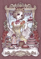  0sea0dove 1girl black_sclera brown_hair cake cake_slice cake_slicer colored_sclera crown dress earrings flower food frilled_sleeves frills fruit gloves highres holding holding_knife holding_plate identity_v jewelry knife macaron mary_(bloodbath)_(identity_v) mary_(identity_v) necklace pasties plate red_flower red_lips red_rose rose short_hair smile solid_eyes strawberry strawberry_shortcake strawberry_slice three-quarter_sleeves wavy_hair whipped_cream white_gloves wide_sleeves yellow_dress yellow_flower 