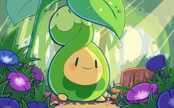 aquabluu blush budew closed_mouth commentary dew_drop english_commentary flower grass light_rays mushroom nature no_humans outdoors pokemon pokemon_(creature) pokemon_focus purple_flower sitting smile solo tree tree_stump water water_drop |_| 