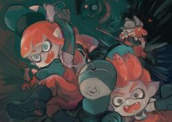  2boys 2girls aqua_gloves aqua_hat arm_up baseball_cap black_boots blunt_bangs bonjiri_nosuke boots bright_pupils colored_sclera commentary_request constricted_pupils covering_own_mouth elbow_gloves failure fang fangs fleeing gloves grey_eyes hand_to_own_mouth hand_up hands_up hat hime_cut holding holding_weapon inkling inkling_boy inkling_girl inkling_player_character jumpsuit long_hair looking_back multiple_boys multiple_girls nervous_sweating one_eye_closed open_mouth orange_hair orange_jumpsuit pointy_ears red_eyes salmon_run_(splatoon) scared shirt short_hair sidelocks spiky_hair splat_charger_(splatoon) splatoon_(series) splatoon_2 star_(symbol) steelhead_(splatoon) sweat tentacle_hair tentacles weapon white_pupils white_shirt wide-eyed yellow_sclera 