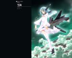  blue_hair chun_(friendly_sky) chun_(pixiv75764) cloud dress ffr-31mr/d_super_sylph flat_chest flying glowing hair_ribbon hands lace lace-trimmed_thighhighs legs long_hair long_legs mary_janes mecha_musume night night_sky outdoors ribbon robot_ears sailor_dress school_uniform sentou_yousei_yukikaze serafuku shiny shiny_hair shoes short_dress sky thighhighs wallpaper white_legwear wind zettai_ryouiki 