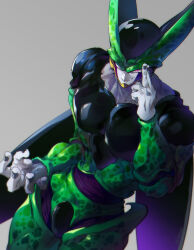  1boy cell_(dragon_ball) colored_skin cowboy_shot dragon_ball dragon_ball_z green_skin grey_background grey_skin highres male_focus ommmyoh red_eyes simple_background solo 