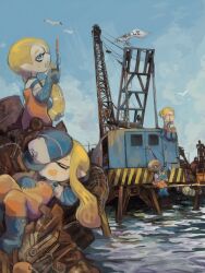  2boys 2girls arm_behind_head artist_name baseball_cap blonde_hair blue_boots blue_eyes blue_gloves blue_hat blue_sky bonjiri_nosuke boots closed_eyes commentary_request covering_own_eyes crane_(machine) dark-skinned_male dark_skin day drooling elbow_gloves english_text fang fish flag from_side gloves gun hand_on_own_stomach hat holding holding_gun holding_swim_ring holding_walkie-talkie holding_weapon inkling_boy inkling_girl inkling_player_character innertube jumpsuit junkyard long_hair looking_up lying multiple_boys multiple_girls on_back one_eye_covered one_side_up open_mouth orange_jumpsuit outdoors pointy_ears profile red_eyes rust saliva salmon_run_(splatoon) shirt short_hair sidelocks signature simple_bird sitting sky sleeping splat_charger_(splatoon) splatoon_(series) splatoon_2 standing swim_ring tentacle_hair tentacles u_u unworn_gloves unworn_hat unworn_headwear very_short_hair walkie-talkie water weapon white_shirt 