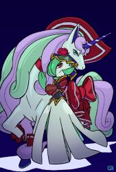  bow colored_skin dress galarian_rapidash galarian_rapidash_(elegant) gardevoir gardevoir_(aristocrat) green_hair green_skin hair_over_one_eye highres horns looking_at_viewer mazinger_yy multicolored_hair multicolored_skin pink_eyes pokemon pokemon_(creature) pokemon_unite purple_hair red_bow signature simple_background single_horn smile two-tone_hair two-tone_skin unicorn white_dress white_skin 