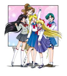  5girls aino_minako anello81 bishoujo_senshi_sailor_moon black_hair blonde_hair blue_eyes blue_hair blue_sailor_collar blue_skirt bow bowtie brown_hair brown_sailor_collar brown_skirt double_bun earrings flower_earrings green_eyes grey_sailor_collar grey_shirt grey_skirt hair_bobbles hair_bun hair_ornament highres hino_rei jewelry kino_makoto kneehighs loafers long_hair long_skirt looking_at_viewer medium_hair medium_skirt miniskirt mizuno_ami multiple_girls neckerchief parted_bangs red_bow red_bowtie red_neckerchief sailor_collar school_uniform serafuku shirt shoes skirt smile socks swept_bangs tsukino_usagi twintails very_long_hair violet_eyes white_shirt 