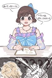  2girls :d ? ?? animification artist_self-insert blue_bow bow broken_eyewear brown_hair commentary_request date_sayuri detached_sleeves double_bun dress earth_(planet) frilled_dress frills glasses grey_eyes hair_bow hair_bun highres holding holding_marker kawa_(chuan_kawa_) marker multiple_girls open_mouth orbital_strike planet purple_dress real_life round_eyewear shikishi_(object) short_hair signing sleeveless sleeveless_dress smile translation_request voice_actor white_sleeves 