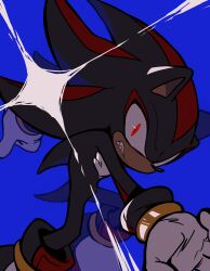  1boy absurdres animal_ears animal_nose black_fur blue_background body_fur bracelet furry furry_male gloves gold_bracelet hedgehog_boy highres jewelry looking_at_viewer male_focus multicolored_fur red_eyes red_fur shadow_the_hedgehog short_tail simple_background solo sonic_(series) sonic_adventure_2 tail two-tone_fur unneul white_gloves 