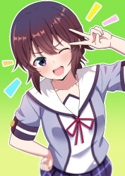  1girl absurdres blue_skirt brown_hair green_background hand_on_own_hip head_tilt highres hosinonana looking_at_viewer machikado_mazoku one_eye_closed open_mouth plaid_clothes plaid_skirt red_ribbon ribbon sata_anri school_uniform short_hair short_sleeves skirt smile summer_uniform teeth upper_body upper_teeth_only v violet_eyes 