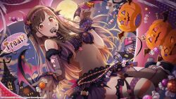  1girl artist_request bare_shoulders black_gloves brown_eyes brown_hair candy demon_horns demon_tail demon_wings detached_sleeves dutch_angle fake_horns food gloves hair_down halloween halloween_costume highres horns idolmaster idolmaster_shiny_colors idolmaster_shiny_colors_song_for_prism jack-o'-lantern long_hair looking_at_viewer miniskirt mismatched_thighhighs navel official_alternate_costume official_art pumpkin see-through_clothes see-through_gloves single_sleeve skirt solo sonoda_chiyoko swept_bangs tail thigh-highs trick_or_treat wings wrist_cuffs 