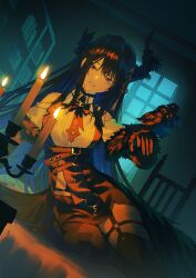  1girl argyle_clothes argyle_pantyhose asymmetrical_horns asymmetrical_legwear bird bird_on_hand black_gloves black_hair black_horns black_pantyhose black_skirt black_thighhighs black_wings blue_hair bookshelf candle candlelight candlestand clothing_cutout collared_shirt colored_inner_hair commentary_request crow demon_horns dutch_angle fagi_(kakikaki) feathered_wings feet_out_of_frame flower fur-trimmed_sleeves fur_trim gloves grin hair_ornament hololive hololive_english horn_flower horns indoors long_hair looking_at_viewer low_wings mismatched_legwear mole mole_under_eye multicolored_hair nerissa_ravencroft nerissa_ravencroft_(1st_costume) o-ring o-ring_thigh_strap pantyhose red_eyes shadow_(nerissa_ravencroft) shirt shoulder_cutout single_leg_pantyhose single_thighhigh sitting skirt smile solo tassel tassel_hair_ornament thigh-highs thigh_strap two-tone_hair uneven_horns very_long_hair virtual_youtuber white_shirt window wings yokozuwari 