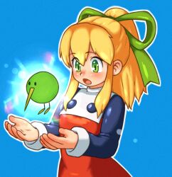  1girl android beachepisode blonde_hair blue_background blush character_request copyright_request green_eyes green_ribbon hair_ribbon highres long_sleeves medium_hair mega_man_(classic) mega_man_(series) open_mouth ponytail ribbon roll_(mega_man) simple_background solo upper_body 