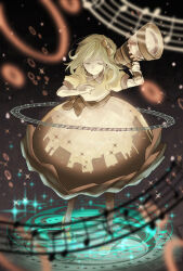  1girl belt_bow black_background blonde_hair blurry blurry_background blurry_foreground bow brown_pantyhose closed_eyes closed_mouth collared_dress commentary_request dress facing_ahead full_body gumi hair_bow hands_up holding holding_megaphone lampshade madori_(sayuri5) megaphone musical_staff pantyhose partial_commentary print_dress puffy_short_sleeves puffy_sleeves red_bow red_trim shoes short_sleeves sidelocks solo sparkle standing vocaloid world_lampshade_(vocaloid) yellow_dress yellow_shoes 