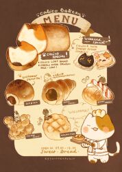  ^_^ animal animal-themed_food animal_focus anpan apron arrow_(symbol) artist_name blush_stickers bread brown_background calico_(pattern) calico_cat chef_hat closed_eyes clothed_animal commentary cookie doughnut english_commentary english_text food food_focus food_wrapper hat highres melon_bread menu nao_(bestrollever) no_humans open_mouth original smile steam white_apron white_hat 