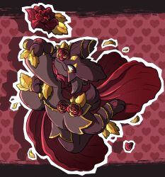  1other :3 alternate_color alternate_shiny_pokemon animal_hands black_border border cape claws flower flower_clothes flower_in_eye full_body furry gold_petals gold_trim grey_fur grey_hair highres looking_at_viewer mask meowscarada ouroborotter pawpads plant pokemon pokemon_(creature) pokemon_focus red_background red_cape red_eyes red_flower red_fur red_petals red_rose rose short_tail simple_background solo standing symbol_in_eye tail thorns two-tone_fur vines 