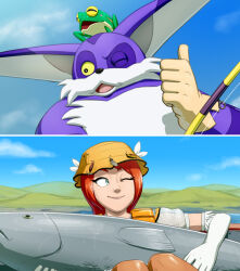  1boy 1girl animal_ears big_the_cat brown_gloves brown_hat cat_ears fish fish_hook froggy_(sonic) furry furry_male gloves hat joeadok one_eye_closed outdoors princess_elise_the_third red_hair sonic_(series) sonic_the_hedgehog_(2006) thumbs_up white_gloves 