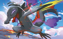  animal_focus blue_sky clouds day full_body gas lizard no_humans official_art open_mouth outdoors pokemon pokemon_(creature) pokemon_focus pokemon_tcg saitou_naoki salandit sky solo third-party_source 