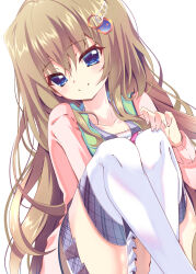  1girl 9-nine- absurdres blue_eyes blush brown_hair cardigan closed_mouth collarbone commentary crossed_ankles dress dutch_angle eyes_visible_through_hair fingernails gear_hair_ornament hair_between_eyes hair_ornament hakusen_academy_school_uniform hand_on_own_knee hand_up highres kujou_miyako long_hair long_sleeves looking_at_viewer open_cardigan open_clothes pink_cardigan pleated_dress school_uniform short_dress simple_background sitting smile solo split_mouth star_(symbol) star_print sukonbu385 thigh-highs thighs very_long_hair watermark white_background white_dress white_thighhighs wing_hair_ornament zettai_ryouiki 