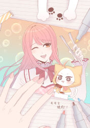  +_+ 1girl absurdres ahoge animal bloom_poetry_(shining_nikki) bow bowtie brown_eyes cat cloak clothed_animal clothes_writing collared_shirt commentary_request dress drooling ear_covers eating excited eyelashes food fork frilled_shirt_collar frilled_sleeves frills hand_on_table happy high_collar highres holding holding_fork holding_plate holding_tongs hood hood_up hooded_cloak laa_1115 light_blush lips long_hair long_sleeves looking_at_animal marker meat momo_(nikki) nail_polish nikki_(nikki) nikki_(series) object_focus one_eye_closed open_mouth paw_print pawpads pinafore_dress pink_dress pink_hair pink_lips pink_nails plaid_clothes plaid_dress plate red_bow red_bowtie shadow shining_nikki shirt sidelocks sleeveless sleeveless_dress sleeves_past_wrists smile sparkling_eyes straight_hair tape teeth tongs translation_request upper_teeth_only very_long_hair whiskers white_cat white_shirt yellow_cloak 