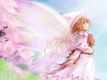  capelet cherry_blossoms dress grass green_hair hat highres lily_white long_hair petals ribbon scarlet_(studioscr) solo touhou tree wallpaper wings 