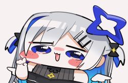  1girl :d amane_kanata amane_kanata_(work) angel_wings black_dress blue_eyes blue_hair blue_halo blush_stickers chibi chibi_only colored_inner_hair dress feathered_wings frilled_dress frills grey_hair hair_ornament hairclip halo highres hololive index_finger_raised jewelry kakue_gaku long_hair mini_wings multicolored_hair necklace no_headwear no_jacket official_alternate_costume official_alternate_hair_length official_alternate_hairstyle simple_background single_hair_intake sleeveless sleeveless_dress smile solo star_(symbol) star_halo star_necklace thick_outlines tilted_halo two_side_up upper_body virtual_youtuber white_wings wings 
