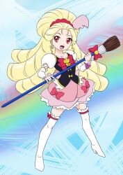  1girl blonde_hair bow bowtie cure_art curly_hair dengeki_gx dress frilled_dress frilled_skirt frills hair_ornament happinesscharge_precure! highres international_precure magical_girl paintbrush pink_bow pink_bowtie precure red_eyes skirt smile thigh-highs white_thighhighs 