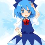  blue_eyes blue_hair bow cirno lowres rin_(artist) rin_(royal) solo touhou v wings 