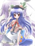  blue_hair blush food fruit hair_flip hat highres hinanai_tenshi hinanawi_tenshi long_hair paopao peach peaches ribbon ribbons smile touhou tsutsumi zoom_layer 