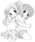  ass back-to-back back_to_back bikini blush child flat_chest kawanishi_yuuji locked_arms long_hair monochrome multiple_girls short_hair smile striped striped_bikini striped_swimsuit swimsuit twintails 