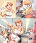  apron breasts brown_eyes brown_hair comic cooking curvy highres huge_breasts knucklecurve lipstick long_hair mother_and_daughter mother_and_son multiple_girls ponytail teacher 