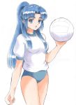 1girl blue_eyes blue_hair buruma fujita_(speedlimit) gym_uniform highres huzita ponytail solo suzumiya_haruhi_no_yuuutsu volleyball
