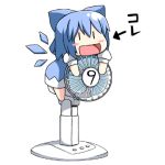  :d air_conditioner blue_hair blush_stickers bow cirno dress electric_fan hair_ribbon lowres masuneko open_mouth ribbon smile solo touhou translated wings |_| ⑨ 