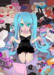  bag bags blue_hair checkered dress green_eyes green_hair hatsune_miku heart high_heels kogal looking_up makeup numeri open_mouth polka_dot ribbon shoes shopping twintails vocaloid world_is_mine_(vocaloid) 