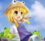  :d arm_support arm_up blonde_hair blush eyes frog hair_ribbon hand_on_hat hand_on_head happy hat highres moriya_suwako open_mouth ribbon ribbons short_hair sitting sky smile taicho128 touhou yellow_eyes 