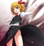  blonde_hair fang hair_ribbon kusakami_akira necktie outstretched_arms red_eyes ribbon rumia short_hair solo spread_arms touhou 