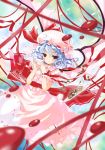  achunchun blood blue_hair blurry checkerboard_cookie chun_(friendly_sky) chun_(pixiv75764) cookie cup depth_of_field embellished_costume fang floating_object food frills hat pink red_eyes remilia_scarlet ribbon ribbons short_hair skirt skirt_set smile solo sweets teacup touhou wavy_hair wings 
