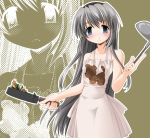  blue_eyes blush clannad cooking frown kei_(fortune) ladle naked_apron sakagami_tomoyo saute_pan silver_hair solo zoom_layer 