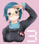  blue_hair blush bust glasses persona persona_3 ribbon salute school_uniform short_hair smile solo takagi_hideaki yamagishi_fuuka 
