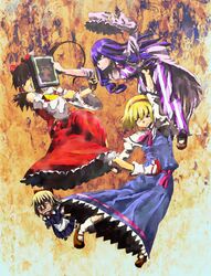  battle blonde_hair blue_eyes book chomoran detached_sleeves doll hairband hakurei_reimu hat hidarite highres japanese_clothes kick kicking lefthand long_hair middle_finger miko patchouli_knowledge punch punching purple_hair pyonta red_eyes shanghai shanghai_doll touhou 