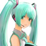  detached_sleeves face green_eyes green_hair hair_ribbon hatsune_miku headset kamdia long_hair necktie ribbon simple_background sleeves_past_wrists solo twintails very_long_hair vocaloid 