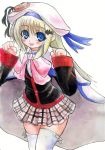  blonde_hair blue_eyes bow buttons cape hat highres large_buttons little_busters! little_busters!! long_hair noumi_kudryavka plaid plaid_skirt school_uniform skirt taishi_(artist) tartan thigh-highs thighhighs traditional_media 