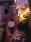  bad_id brown_hair bsan building craft_lawrence fang holo long_hair perspective red_eyes ribbon ribbons short_hair spice_and_wolf sunset tree wolf_ears 