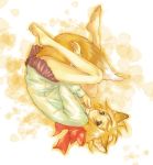  atsumu_sakamoto barefoot blonde_hair bow feet fetal_position fox fox_ears fox_tail hair_bow hair_ornament kitsune legs lying miniskirt original pleated_skirt red_bow sakamoto_atsumu short_hair skirt solo tail upside-down yellow_eyes 