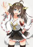  1girl ahoge armpits blue_eyes brown_hair detached_sleeves hairband highres japanese_clothes kantai_collection kongou_(kantai_collection) long_hair nontraditional_miko open_mouth personification solo suneo thigh-highs wide_sleeves 