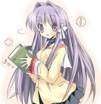 blush book clannad fujibayashi_kyou hair_intakes hair_ribbon hair_ribbons paco photo_(object) picture purple_eyes purple_hair ribbon ribbons school_uniform violet_eyes 
