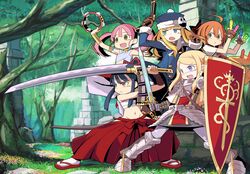  5girls :d :o ahoge angry arm_up armlet armor bag bangs bard bard_(sekaiju) blonde_hair blue_eyes blue_hair blush bracer brick brown_eyes bushidou_(sekaiju) buttons coat crop_top dual_wielding duffel_bag earrings etrian_odyssey everyone fantasy faulds fighting_stance fingerless_gloves flat_chest flower forest frown fur_trim gloves grass greaves green_eyes gun gunner hakama handgun hat holding huge_weapon instrument jack_frost japanese_clothes jewelry katana leg_lift long_hair looking_away lowleg medic medic_(sekaiju) midriff mound_of_venus multiple_girls nature navel necklace no_panties open_mouth orange_hair outdoors paladin paladin_(sekaiju) pantyhose payot pink_hair ponytail rope samurai sandals sarashi see-through sekaiju_no_meikyuu shield short_hair side_slit smile smiley_face socks spread_legs strap swept_bangs sword tabard tambourine tree twintails weapon 