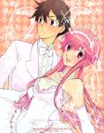  bride dress elbow_gloves gasai_yuno gloves highres kouga_yun long_hair mirai_nikki pink_hair red_eyes wedding_dress yun_kouga 