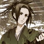  black_hair fuu japanese_clothes lowres monochrome samurai samurai_champloo short_hair solo sword weapon 
