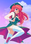  bare_shoulders blue_eyes braid cleavage_cutout fighting_stance garter_straps hat hong_meiling long_hair omuni red_hair solo standing_on_one_leg thighhighs thighs touhou twin_braids white_legwear wrist_cuffs 