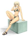  1girl bikini blonde_hair box green_eyes legs muscle ran&#039;ou_(tamago_no_kimi) ranou sandals short_hair side-tie_bikini sitting solo swimsuit 