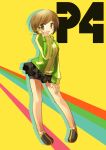  bare_legs brown_eyes brown_hair glasses glasses_removed holding holding_glasses kamiyoshi persona persona_4 satonaka_chie yellow-framed_glasses 