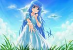  blue_hair dress grass hand_on_own_chest hands light_smile long_hair pirano reaching sky very_long_hair 